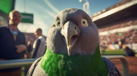 a smiling bird with green and white feathers poses in front of a person using a screen. the image is rendered in cinema4d, showcasing highly detailed realism. shot with a sony fe 85mm f/1.4 gm lens, the photo captures the bird's strong facial expression. the dark gray background adds an epic touch to the detailed crowd scenes. ai generatedの素材