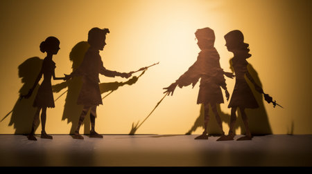 a shadow puppet, reminiscent of childhood arcadias and idealized native americans, stands playfully between people in a dark room. this conceptual sculpture, captured with a nikon d750, showcases a cyclorama of light bronze and yellow hues. ai generatedの素材