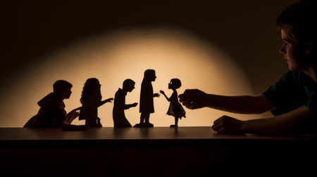 the photo captures the theatrical gestures of silhouetted people, their shadows created with a tool. in the style of ceramicist storyteller, toycore, and paper sculptures, the image exudes child-like innocence. taken with a nikon d750, the selective focus adds depth to the composition. ai generatedの素材