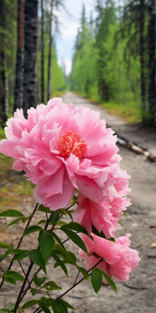 russian forest with idai peonies captured by kirill yoshkupov in a uhd image. the photograph showcases a selective focus style, highlighting the accurate and detailed features of the bold lines and bright colors. the light pink and sky-blue hues create a nature-inspired and eye-catching composition. ai generatedの素材