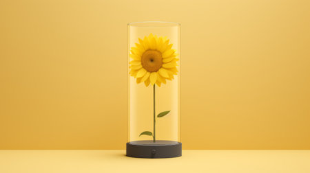 a white sunflower sits gracefully in a glass vase, placed against a vibrant yellow background. this captivating image showcases a conceptual minimalist sculpture, with realistic lighting that enhances its beauty. the interactive exhibits and advertising art elements add depth to the composition. the photo embodies the essence of bloomcore, featuring charming character illustrations and a skillful use of light and color. ai generatedの素材