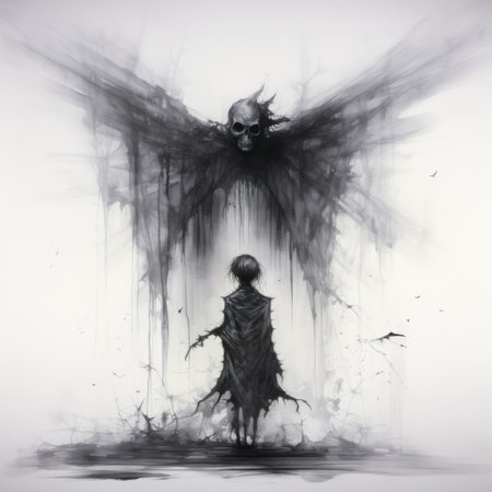 dark disaster wallpaper featuring isolated figures in the style of monochrome painting. this artwork by rimel neffati and tami bone showcases grim realism with a touch of manga-inspired elements. krenz cushart's influence can also be seen in this captivating and haunting piece. ai generatedの素材
