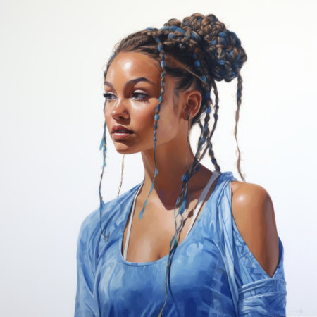 a young woman with braids on her head is depicted in this hyper-realistic painting. the artist has used water and light indigo tones, along with light blue accents, to create a stunning effect. the figures in the painting are incredibly lifelike and realistic, showcasing the artist's skill in hard-edge painting. the sleek and highly detailed figures are enhanced by bold colorism. ai generatedの素材