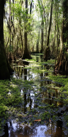 the swamp, captured in this charles white-inspired photograph, showcases a lush expanse of vegetation reminiscent of national geographic's stunning imagery. with a touch of southern gothic influence, the photo transports viewers to a mysterious and captivating world teeming with life. ai generatedの素材