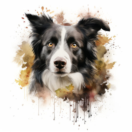 a powerful and emotive portrait of a border collie captured on canvas in the style of digital illustration by grzegorz domaradzki. this watercolor-inspired artwork showcases the artist's skillful brushstrokes and contrast, with a captivating combination of dark crimson and gold hues. the soft-focus technique adds depth and intensity to the portrait, creating a visually stunning piece. ai generatedの素材