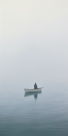 a man peacefully sits in a wooden boat on a serene, foggy morning. this photograph captures the essence of color field minimalism, with its dark white and aquamarine tones. the artist's environmental installation background is evident in the calm and meditative atmosphere. the minimalist grids add a contemporary touch to this canadian artwork, reflecting the tranquility of the calm waters. ai generatedの素材