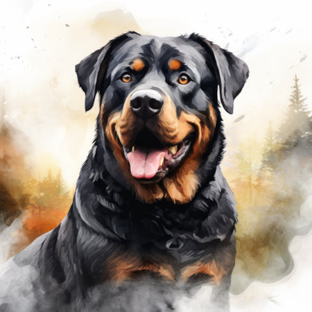 the photo showcases a group of rottweilers, portrayed in a delicate watercolor landscape style. the aggressive digital illustration technique used creates brushstroke-intensive and bold, colorful portraits. the uhd image captures the dark gray and amber tones of the dogs, resulting in captivating painted illustrations. ai generatedの素材