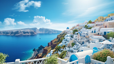 oia houses in realistic hyper-detailed rendering, overlooking the blue sea. sky-blue and silver hues create a vibrant backdrop in this high-quality national geographic photo. the hyperrealistic cityscape showcases the beauty of oia, with stunning color gradients that add depth and allure to the scene. ai generatedの素材