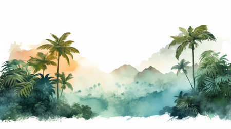 a watercolor tropical background illustration featuring layered and atmospheric landscapes. this large-scale mural depicts a desertwave theme, showcasing vibrant colors and intricate details. the high-definition image is perfect for creating awareness about the environment. ai generatedの素材
