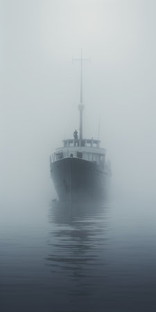 a ship sails gracefully through the misty waters, captured in a mesmerizing 8k resolution photograph. the image showcases the unique blend of bauhaus photography and classic portraiture, creating a captivating atmosphere. this site-specific installation beautifully combines elements of wildlife photography and adventurecore, offering a visually stunning and immersive experience. ai generatedの素材
