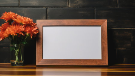 a rustic wooden table adorned with a flower vase stands beside a captivating picture frame. this unique composition, inspired by roguecore, logo, firecore, soggy, warm tonal range, carcore, and flattened perspective, exudes a distinct charm. the combination of elements creates a visually intriguing scene that captures the essence of these artistic styles. ai generatedの素材