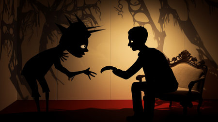 a twilight zone episode featuring a crocodile shadow takes inspiration from fairy tale illustrations. the photo showcases silhouette lighting, theatrical gestures, and ritualistic masks. the image is digitally enhanced and part of an interactive installation, creating a contemporary fairy tale experience. ai generatedの素材