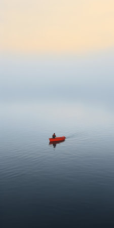 red canoe sailing on a lake surrounded by morning fog. this minimalist abstraction captures the serene beauty of the scene. the monochromatic palette of light blue and orange adds a touch of tranquility. shot with a zeiss batis 18mm f2.8 lens, the image showcases pixelated realism and abstract minimalism. experience the breathtaking details in stunning 8k resolution. ai generatedの素材