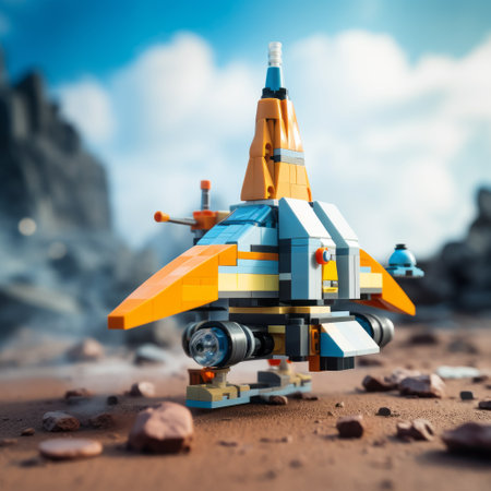 a large lego spaceship rests on the ground, surrounded by majestic mountains. the spaceship features a unique design with a combination of light cyan and amber colors. the expressive character design and precise nautical details make it visually captivating. captured using a minolta riva mini camera, this low-angle aerial photograph showcases the intricate craftsmanship of the lego creation. ai generatedの素材