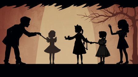 a father and child silhouette in 2d game art style, inspired by freakshow and abigail larson. the image showcases animated gifs, stage-like environments, and detailed costumes reminiscent of harry watrous' work. ai generatedの素材