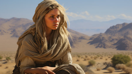 a girl with long hair sits in the desert, embodying the essence of a biblical drama. wrapped in a fusion of eastern and western styles, her captivating gaze reflects the influence of george lucas. the light brown hues of her hair and the sun-soaked colors of the desert create a mesmerizing visual experience. ai generatedの素材