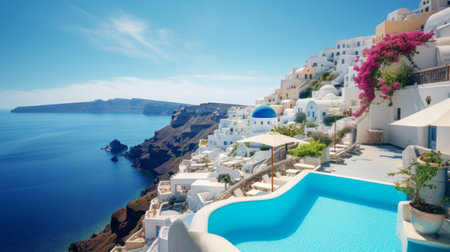 a stunning swimming pool perched on the edge of a cliff, offering breathtaking views of the gulf. this pool is designed in the style of terraced cityscapes, inspired by greek art and architecture. the color palette features light indigo and light beige, creating a serene atmosphere. with its 8k resolution, bold chromaticity, and rounded shape, this pool is a true masterpiece in white and blue.の素材