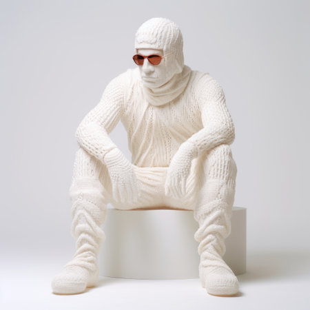 a life-size doll in a white sweater sits on a white stool, embodying the post-apocalyptic futurism style. the monochromatic color scheme and heatwave atmosphere add to the dramatic effect. the doll's mannerist style, reminiscent of the 14th-century, is enhanced by the textured fabrics. the overall composition exudes a unique blend of hip hop aesthetics. ai generatedの素材