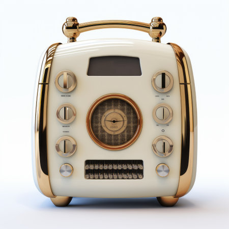 an elegant, gold-colored, old-fashioned radio with an emotive face design, reminiscent of the 1960s style. this ambient occlusion artwork, inspired by the works of mark ryden and mandy disher, combines elements of maidcore and mars ravelo's aesthetic. ai generatedの素材