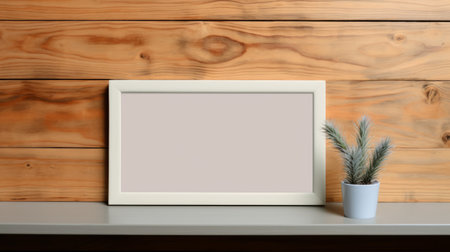 a blank rectangular frame and a pot sit on top of a wooden table. the composition resembles a logo design with a soft, muted palette. the style of the image is reminiscent of artists such as kuromicore, rimel neffati, and the artistic movement of hurufiyya. the overall aesthetic is rich and immersive. ai generatedの素材