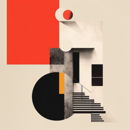japanese conceptual abstract illustration featuring bold geometric shapes in the style of bauhaus photography. the artwork showcases a balanced asymmetry with detailed architectural scenes, contrasting shadows, and a neoclassical composition. the color palette includes dark white and orange, creating a visually striking and dynamic image. ai generatedの素材