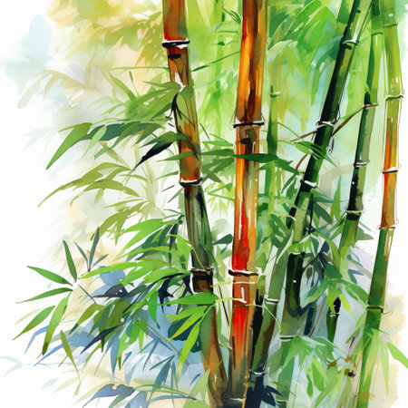 a colorful illustration of a bamboo tree in the forest, painted with meticulous detail and realistic color schemes. the painting showcases detailed brushstrokes, capturing the vibrant shades of light green and red. this artwork, created in the style of colorful drawings, reflects the meticulous design and artistic talent of serge marshennikov. ai generatedの素材