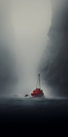 a red boat emerges from a dense fog bank, gliding into the serene expanse of the ocean. this photorealistic surrealism artwork, created using cinema4d, captures the powerful and emotive essence of the scene. the brushwork exploration adds depth and texture to the detailed character illustrations, showcasing the beauty of norwegian nature. the suspended hanging composition adds intrigue and captivates the viewer's attention. ai generatedの素材
