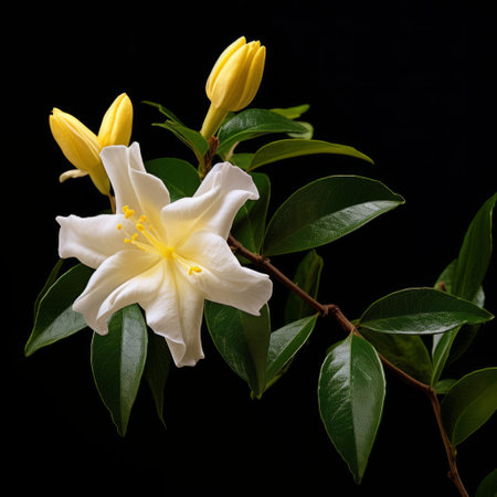 a white flower blooms gracefully on a vibrant green branch against a dark backdrop. the captivating composition showcases a blend of dark yellow and light yellow tones, creating an exotic and classic still-life scene. the intertwining materials and the use of the tokina at-x 11-16mm f/2.8 pro dx ii lens highlight the exquisite craftsmanship behind this stunning photograph. ai generatedの素材