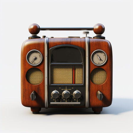 a wooden vintage style radio is showcased on a white background, featuring a rendered maya design. this maidcore-inspired advertisement displays a captivating combination of dark silver and amber tones. the radio's design draws inspiration from dogon art, incorporating elements of majismo and realistic attention to detail. ai generatedの素材