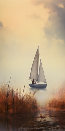 a sailboat gracefully glides across the water, surrounded by lush green grass. this captivating photo captures the essence of hazy romanticism, with influences from artists like janek sedlar and erica hopper. the forced perspective and soft-focus technique create a dreamscape portraiture, reminiscent of the works of serge marshennikov. ai generatedの素材