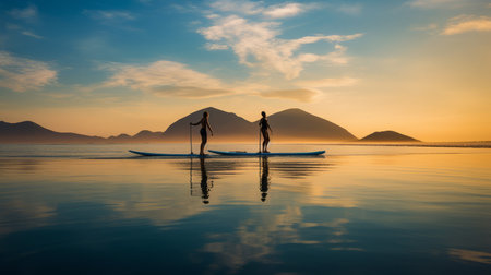 paddling on long oars in deep water, the photo captures the serene beauty of a sunset reflecting on the calm surface. the naturalistic figures, set against the backdrop of norwegian nature and mediterranean landscapes, create a sense of symmetrical balance. the beach portraits and polished concrete add to the overall aesthetic, while the mountainous vistas provide a breathtaking view. ai generatedの素材