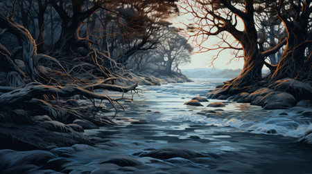 a stream meanders through a dense, mysterious forest, creating a captivating scene reminiscent of realistic seascapes. this highly detailed illustration showcases a unique blend of light blue and brown tones, evoking an optical illusion effect. the artwork is inspired by british topographical landscapes, featuring flowing silhouettes and the distinctive style of jacek yerka. ai generatedの素材