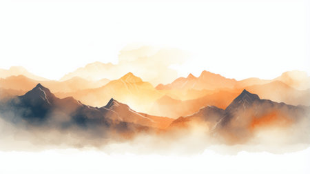 a landscape watercolor painting featuring majestic mountains at sunrise. the artwork is created in a high detailed style, with light white and amber tones. the transparent layers add depth and texture to the piece. inspired by the unreal engine 5, this painting captures the essence of frostpunk and minimalist illustrations, resulting in detailed atmospheric portraits. ai generatedの素材