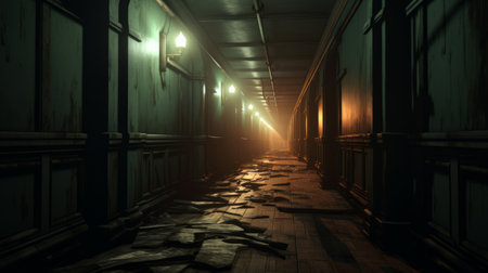 a photo of dark hallways in a rendered building, reminiscent of nostalgic landscapes. the hallways are bathed in dark green and light gold hues, creating an eerie and realistic atmosphere. the scene evokes a sense of mystery and intrigue, with rusty debris adding to the overall ambiance. this photo captures the style of unreal engine and the artistic influence of kevin hill's ocean academia. aiの素材