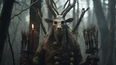 a horned head monster stands outside in the shadow, illuminated by candlelight. this atmospheric woodland image captures the essence of traditional costumes and techniques reimagined. shot with a canon eos 5d mark iv, the photo showcases subtle, earthy tones and intricate folk-inspired attire. ai generatedの素材