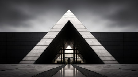 a triangle-shaped building stands prominently against a backdrop of trees, showcasing the captivating blend of light silver and dark black hues. this christian art and architecture masterpiece exudes a calming symmetry, with its luxurious geometry and sharp focus. reminiscent of ancient egypt, the polished concrete structure exudes an air of timeless elegance. ai generatedの素材