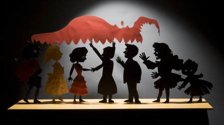 characters dressed in costume for a play are depicted in the style of cut-out silhouettes, creating a diorama effect. the photo captures a unique blend of terrorwave and child-like innocence, with bold shadows enhancing the trapped emotions portrayed. the toy-like proportions add an intriguing element to this captivating image. ai generatedの素材
