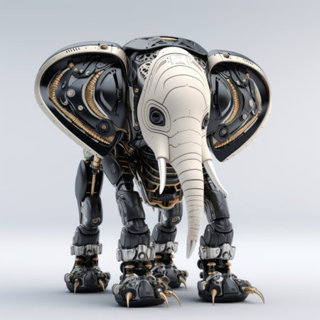 robot elephant with large and powerful feet, rendered in 3d, stands on a white background. the cute elephant is designed in a cyberpunk dystopian style, featuring ornate detailing in light gold and dark black. the image has a touch of dark white and silver, captured using tilt-shift lenses. the futuristic robot elephant represents a blend of technology and nature, evoking a sense of wonder andの素材