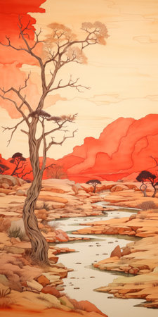a sketch of a desert scene featuring desert trees and a river, created in the richly detailed art nouveau style. the sketch showcases light orange and red tones, resembling hyperrealistic paintings and editorial illustrations. the use of bright glazes, high-contrast shading, and layered techniques adds depth to the atmospheric landscape. ai generatedの素材