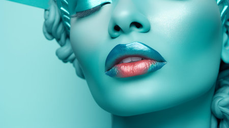 a 3d illustration showcases a female figure wearing a stunning blue dress. her eyes captivate with vibrant colors, while the sleek metallic finish adds a touch of elegance. the light green and aquamarine hues enhance her decadent beauty. close-up shots highlight the sculptural precision, while bold fashion photography captures the distinctive noses. ai generatedの素材