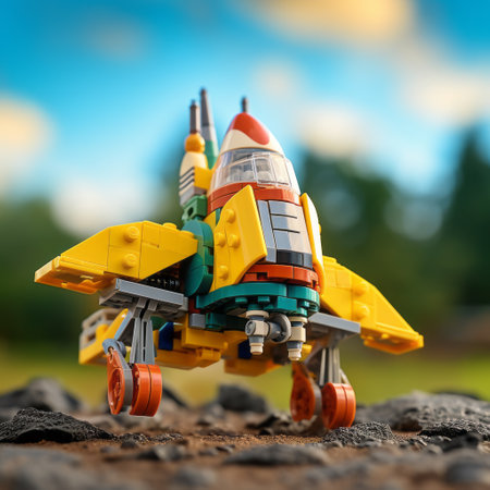 a small lego toy car sits on sandy terrain, showcasing a unique cubist design. the vibrant colors of nature surround it, creating dynamic and action-packed scenes. the impressive skies, painted in shades of yellow and emerald, add to the blink-and-you-miss-it detail of this rough cluster of creativity. ai generatedの素材