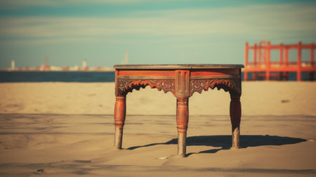 wooden top table with ornate detailing placed on a sandy patch by the ocean. captured in dark red hues on fujifilm pro 800z film, this retro vintage photograph showcases the architectural focus of the table. the stunning beauty of this new york city subject matter is truly mesmerizing. ai generatedの素材