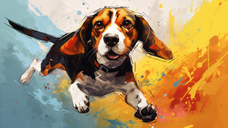 beagle dog covered in vibrant paint splashes, resembling graphic novel illustrations by adi granov. this unique artwork showcases the fusion of comic art and digital techniques, with small brushstrokes capturing the essence of speed and motion. a visually captivating piece that has won a contest. ai generatedの素材
