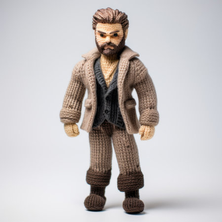 a knitted bearded man with a long beard is captured in this portrait. he is wearing a stylish sweater, reminiscent of the costume design in tom of finland's artwork. the photo exudes a dynamic and action-packed vibe, similar to the works of stanley kubrick. the combination of light brown and black colors adds depth to the image, reminiscent of joseph clement coll's portrait miniatures. aiの素材