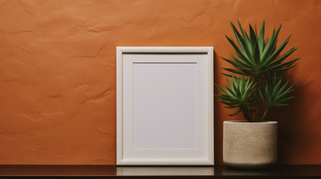 a picture frame hangs on an orange wall, complemented by a potted plant. the minimalist graphic design style of the frame features a sgrafitto technique, combining dark white and light gray shades. the image was rendered using octane render, showcasing the clever wit of the artist. the ivory-colored frame was captured with a rollei prego 90 camera. ai generatedの素材