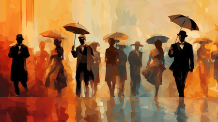 woman holding umbrella on rainy day illustration with abstracted human figures. the art features a light sky-blue and dark amber color palette, bold shadows, and detailed crowd scenes. the elegant figures evoke a sense of historical illustrations. the image has a resolution of 3840x2160. ai generatedの素材