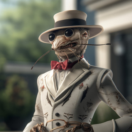 a person wearing a steampunk-inspired suit and bow tie is depicted in this photo. the character is rendered in cinema4d, showcasing life-like avian illustrations and a playful caricature style. the image combines elements of zombiecore and organic sculpting, resulting in a unique and visually captivating composition. shot on 70mm, this photo captures the intricate details of the character's design. ai generatedの素材
