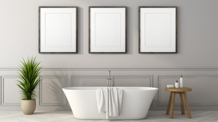 three sleek and stylized picture frames, in light gray and gray, are mounted around a tub in a white room. the frames have a traditional design and showcase bold traditional artwork by charles spencelayh. the high-resolution 8k quality of the photo captures the intricate details of the frames and the artwork. ai generatedの素材