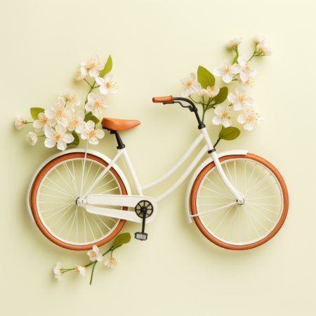 a bicycle adorned with blossom stems and flowers, showcasing photorealistic renderings and delicate paper cutouts. this zen-inspired, light orange and white masterpiece embodies precisionist art, capturing the essence of cherry blossoms. the visual harmony created by the intricate details and vibrant colors makes this bicycle a true work of art. ai generatedの素材