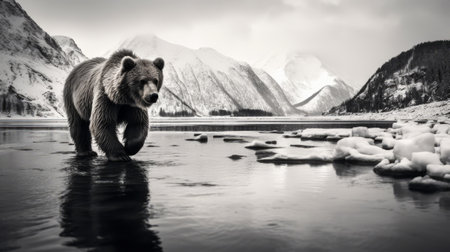 a grizzly bear gracefully strolls along a river in a picturesque snowy mountain landscape. this captivating black and white image, with its digital manipulation and forced perspective, resembles a national geographic photo. the calm waters reflect the contemporary scandinavian art style, while carved animal figures add a touch of artistic charm. ai generatedの素材
